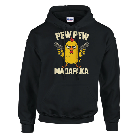 Hoodie med Pew Pew Madafaka och tecknad kyckling
