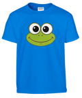 Kermit-ansikte med stora ögon och leende på en klarblå barn-t-shirt.