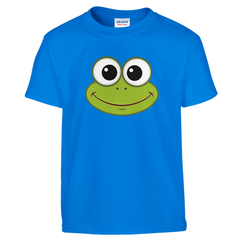 Kermit-ansikte med stora ögon och leende på en klarblå barn-t-shirt.
