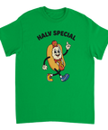 Grafiskt tryck av en kaxig korv med bröd på en grön t-shirt