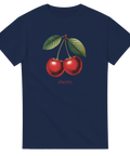 Mörkblå t-shirt med klassisk körsbärsdesign i nostalgisk stil