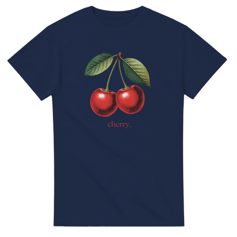 Mörkblå t-shirt med klassisk körsbärsdesign i nostalgisk stil