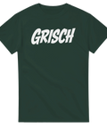Självsäker Grisch-logotyp i vit text på en mörkgrön t-shirt