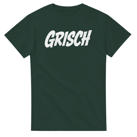 Självsäker Grisch-logotyp i vit text på en mörkgrön t-shirt