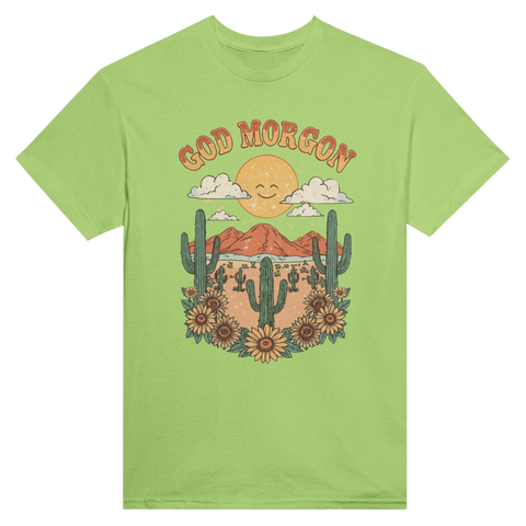 Vintage illustration av öken med solrosor och texten God Morgon