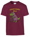 Tecknad Grannysaurus Rex med rullator och text på vinröd t-shirt.