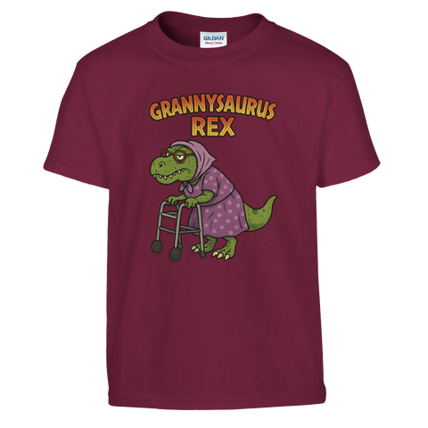 Tecknad Grannysaurus Rex med rullator och text på vinröd t-shirt.