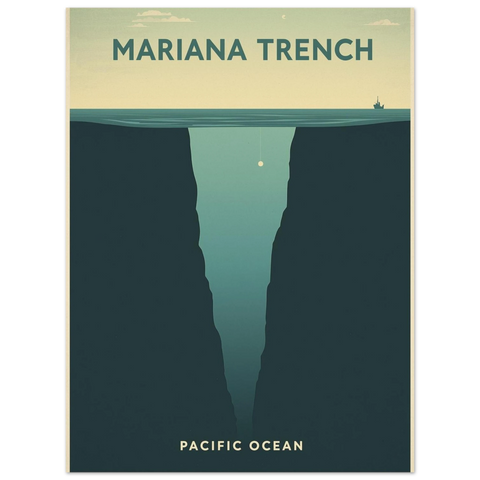 Närbild på en travel poster föreställande havets djup i dova blågröna toner med texten Pacific Ocean längst ner.