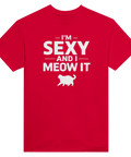 I'm Sexy and I Meow It" röd t-shirt med vitt kattmotiv