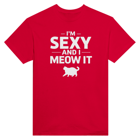 I'm Sexy and I Meow It" röd t-shirt med vitt kattmotiv