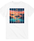 Minimalistisk design med svenska sommarvyer i vertikala paneler – vit t-shirt
