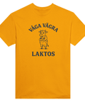 Kaxig ko-illustration med satirisk text på senapsgul t-shirt