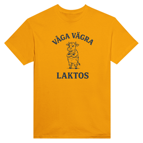 Kaxig ko-illustration med satirisk text på senapsgul t-shirt