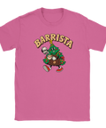 Rosa t-shirt med en kaffeserverande julgran och texten ”Barrista”.
