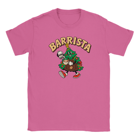 Rosa t-shirt med en kaffeserverande julgran och texten ”Barrista”.