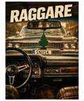 Vintagedesign föreställande en raggarkult-scen med wunderbaum och registreringsskylten SNUSK