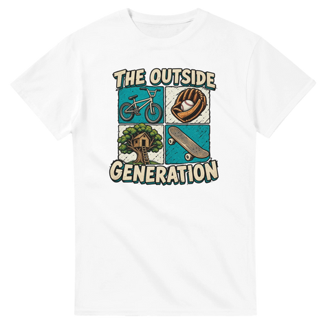 Klassisk illustration av en skateboard och trädkoja på vit t-shirt