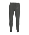 Mörkgrå joggingbyxor med ribbstickade muddar och grafisk illustration