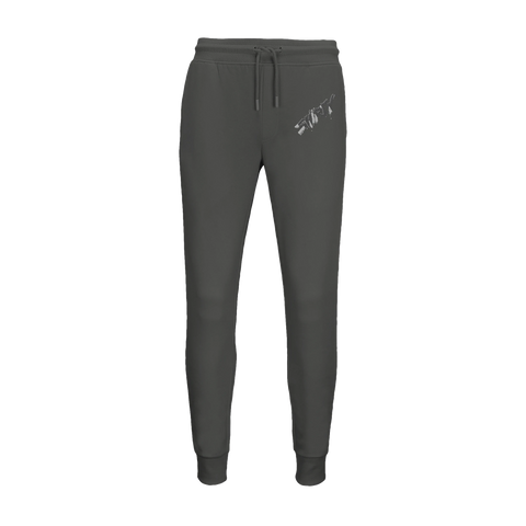 Mörkgrå joggingbyxor med ribbstickade muddar och grafisk illustration