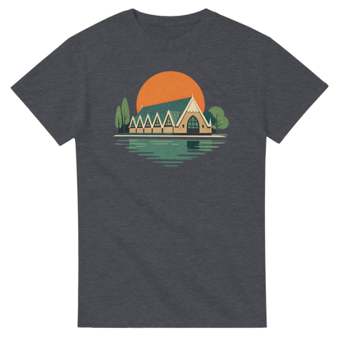 Minimalistisk design av en ikonisk byggnad på en mörkgrå t-shirt