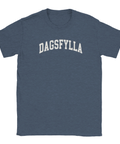 Marinblå melerad t-shirt med bågformad textdesign för en ärlig livsfilosofi