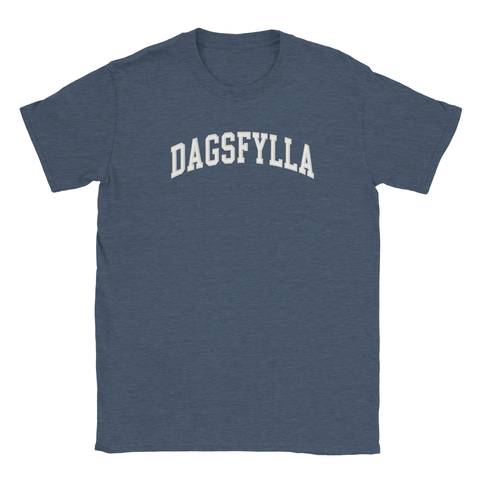 Marinblå melerad t-shirt med bågformad textdesign för en ärlig livsfilosofi