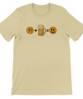 Beige t-shirt med smileys och en ölsejdel som bildar en ekvation.