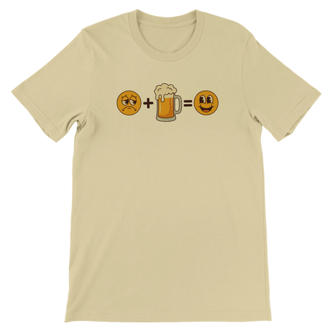 Beige t-shirt med smileys och en ölsejdel som bildar en ekvation.