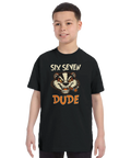 Tecknad grävling med cigarr, text "SIX SEVEN DUDE" på svart t-shirt, retro humor.