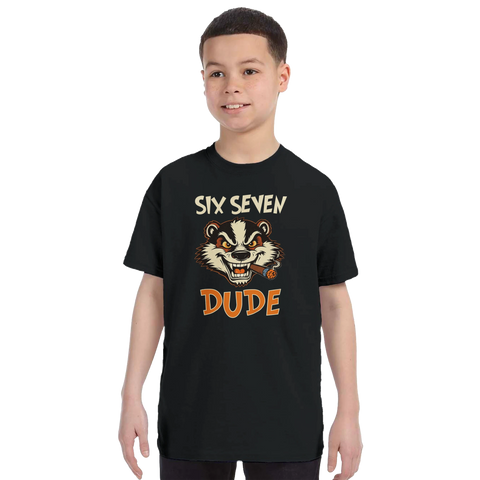 Tecknad grävling med cigarr, text "SIX SEVEN DUDE" på svart t-shirt, retro humor.