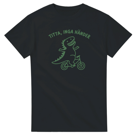 Ironiskt tryck med T-Rex och texten Titta inga händer – t-shirt