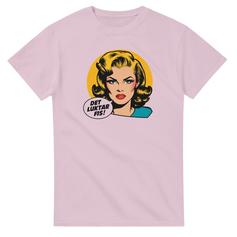 Vintage seriefigursmotiv med humoristiskt citat på svenska – rosa t-shirt