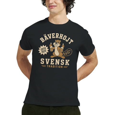 Närbild på person i t-shirt med lekfullt Bäverhojt-tryck och svensk text