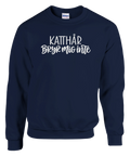 Marinblå sweatshirt med texten ”Katthår – bryr mig inte”.
