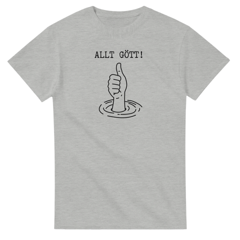 Allt Gött!" text med tumme upp-hand som stiger ur vatten på grå t-shirt.