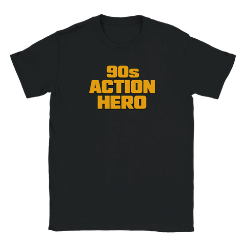 Statement-design med fet gul typografi på en svart t-shirt