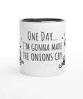 Mugg med texten One day I'm gonna make the onions cry, lök och en tecknad kock.