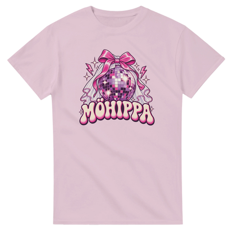 T-shirt med rosa discokula, rosett, brudslöja och texten Möhippa