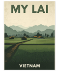 Närbild på en travel poster föreställande vietnamesiskt landskap i dämpade gröna och beigea färgtoner.