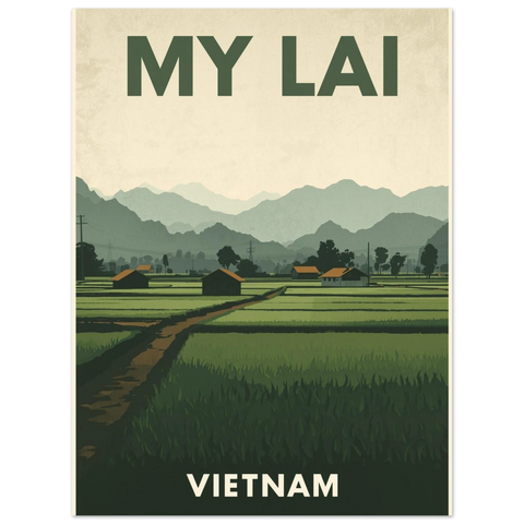 Närbild på en travel poster föreställande vietnamesiskt landskap i dämpade gröna och beigea färgtoner.