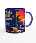 Mugg med texten Jag är tillbaka mentalt om 5 minuter och tropiskt motiv.