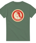 Satiriskt "Caucasians" logga med profilbild på olivgrön t-shirt.