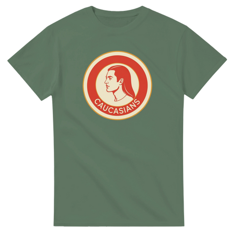Satiriskt "Caucasians" logga med profilbild på olivgrön t-shirt.
