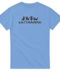 Fyra svarta tecknade katter och texten "KATTMAMMA" på en ljusblå t-shirt.
