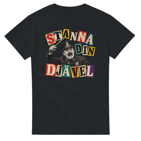 Satiriskt motiv av skrikande polis med texten Stanna din djävel – mörkgrå t-shirt