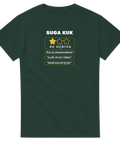 Mörkgrön t-shirt med grafisk illustration av en dålig recension