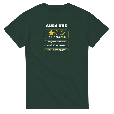 Mörkgrön t-shirt med grafisk illustration av en dålig recension