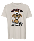 Beige oversized t-shirt med ett uttrycksfullt och skämtsamt hundtryck