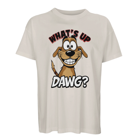 Beige oversized t-shirt med ett uttrycksfullt och skämtsamt hundtryck
