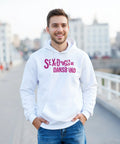 Sex, Drugs & Dansband" rosa texttryck på vit hoodie med luvsnöre och magficka.